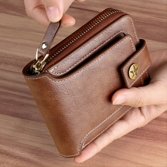 Men's PU Leather Business Wallet with Zipper & Button