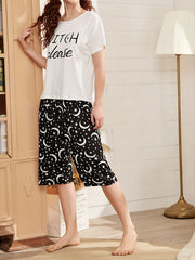 Letter Print Lounge Set Short Sleeve Crew Neck Top & Elastic Waistband Shorts