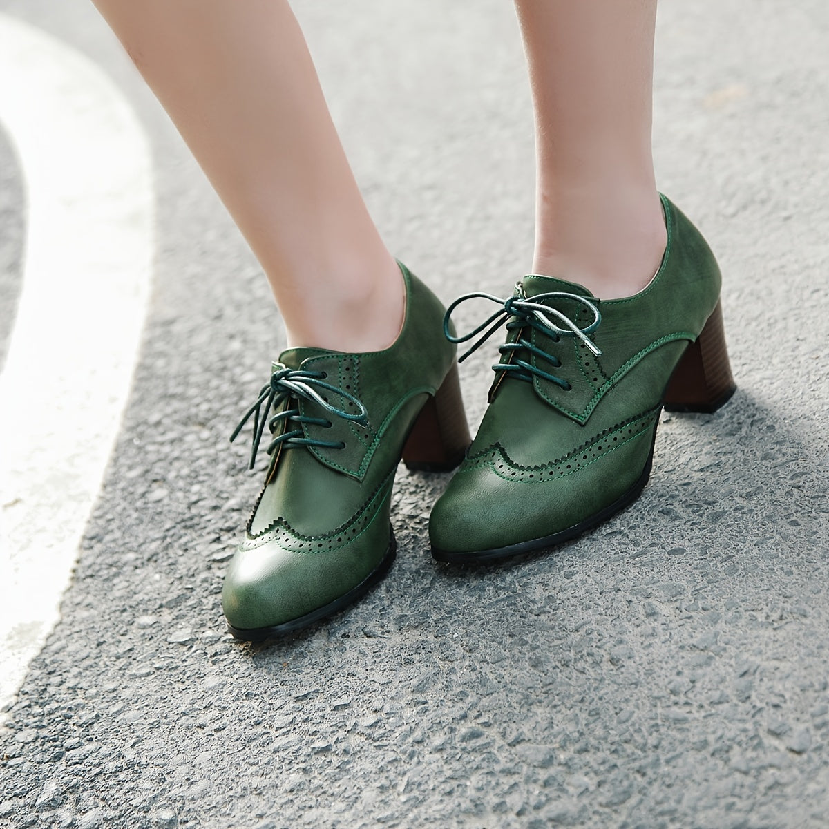 Green High Heel Oxfords Lace Up Faux Leather Stacked Heel Shoes