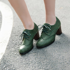 Green High Heel Oxfords Lace Up Faux Leather Stacked Heel Shoes