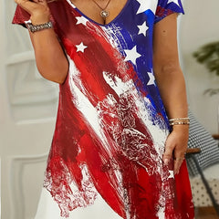  Independence Casual Dress Women's Plus Flag Print Short Sleeve V Neck