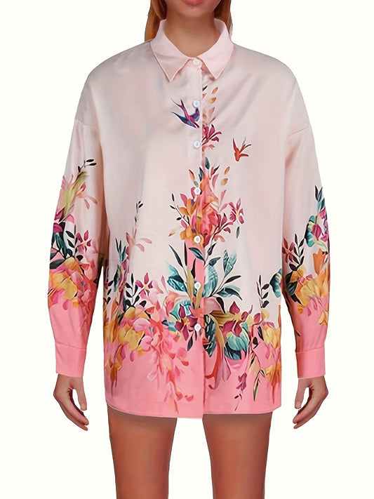  Blouse Women's Plus Bird Print Long Sleeve Button Up Tunic Top