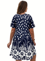  Floral Print Short Sleeve V Neck Midi Dress