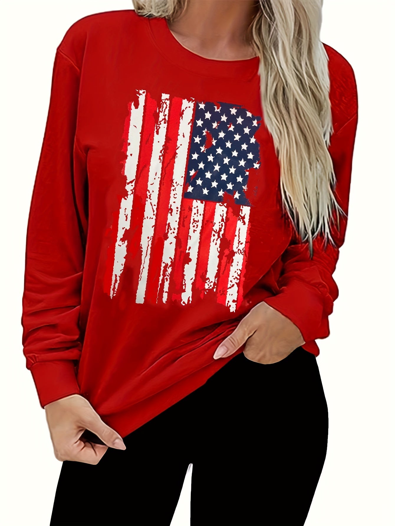  Flag Print Long Sleeve Round Neck Pullover Top