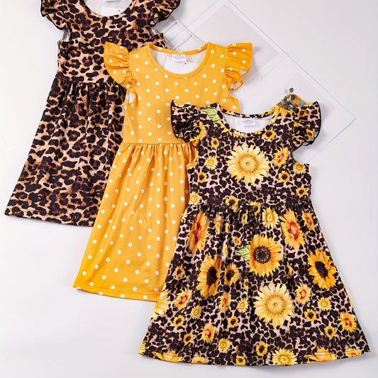 Toddler Girls Ruffled Sleeves Polka Dot Leopard Sunflower Princess Dress