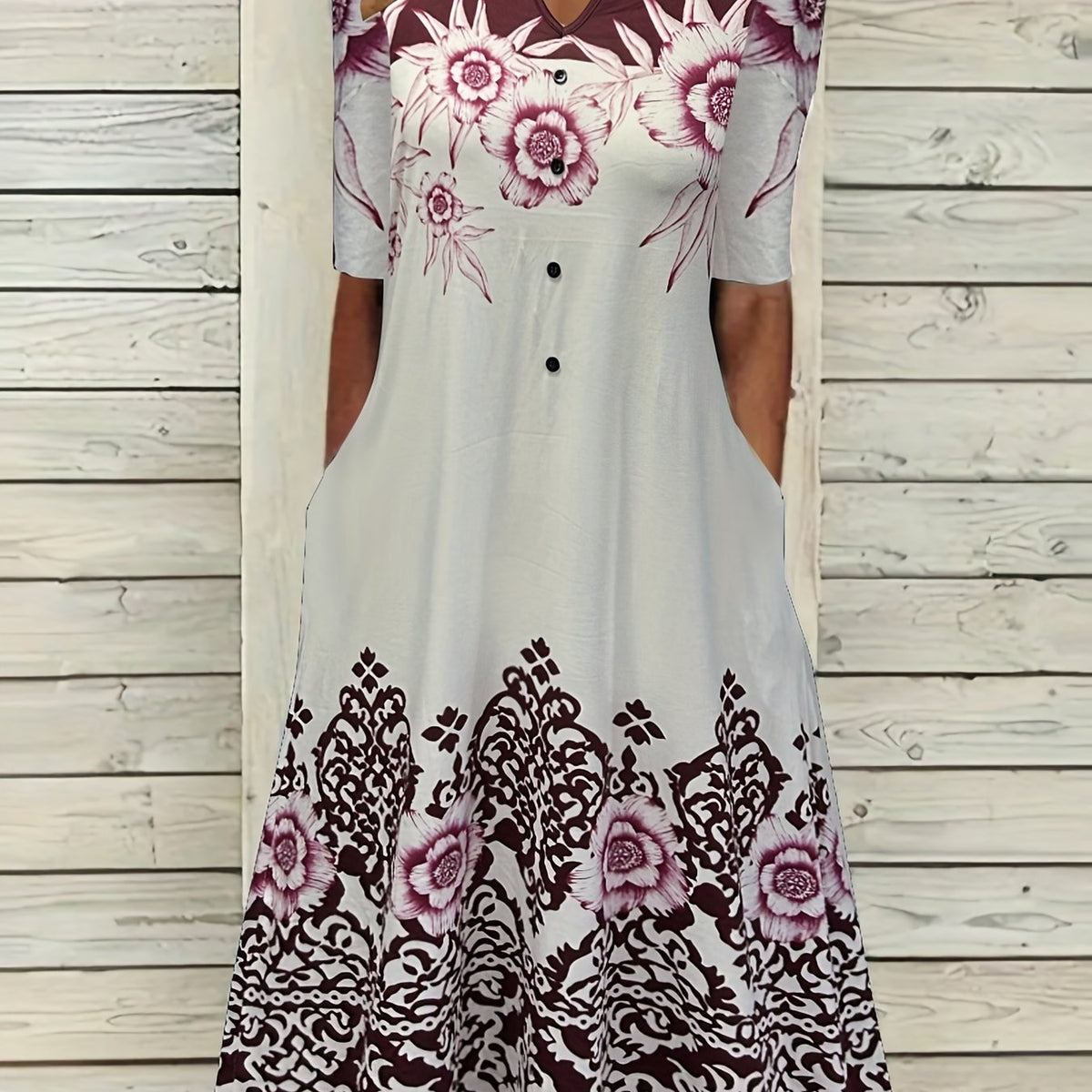  Women's Floral Print Casual Dress with Pockets