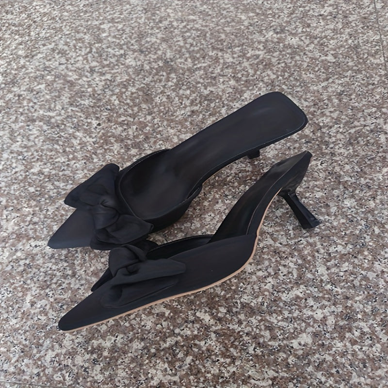 Women's Bowknot Kitten Heels Satin Mule Sandals