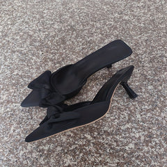 Women's Bowknot Kitten Heels Satin Mule Sandals