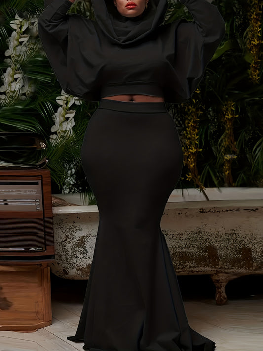  Solid Batwing Sleeve Hooded Crop Top & Maxi Mermaid Skirt Set