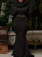  Solid Batwing Sleeve Hooded Crop Top & Maxi Mermaid Skirt Set