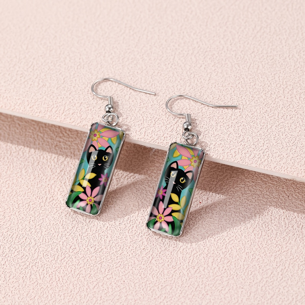 Cat Pattern Rectangle Drop Hook Earrings Jewelry Kitten Animal Party