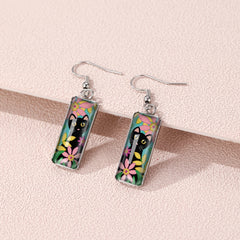 Cat Pattern Rectangle Drop Hook Earrings Jewelry Kitten Animal Party