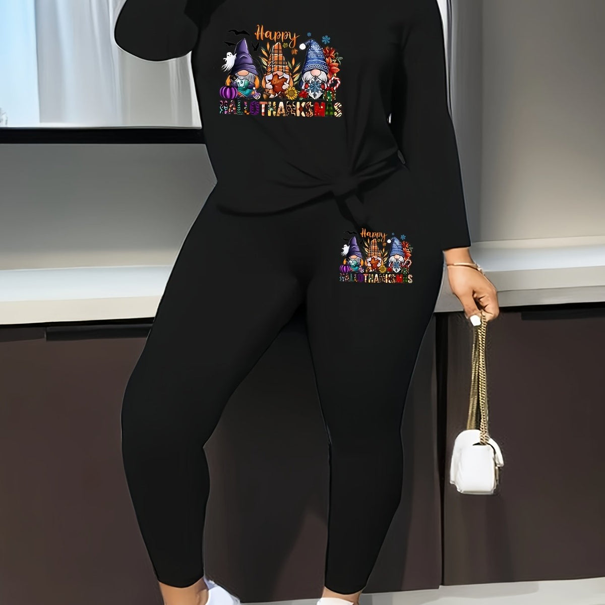 Women's Plus Gnomes & Letter Graphic V Neck Top & Leggings Outfits 2 Piece Set