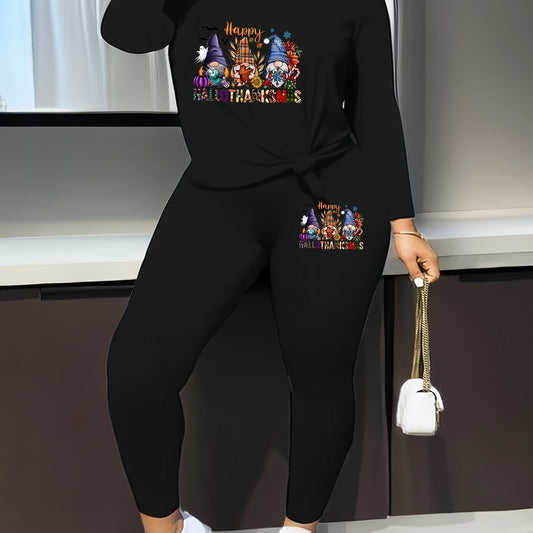 Women's Plus Gnomes & Letter Graphic V Neck Top & Leggings Outfits 2 Piece Set