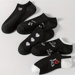 5 Pairs Heart Print Low Cut Ankle Socks Women's Stockings