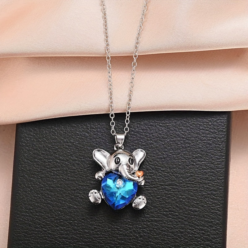 Elephant Crystal Heart Necklace Sweet Animal Pendant