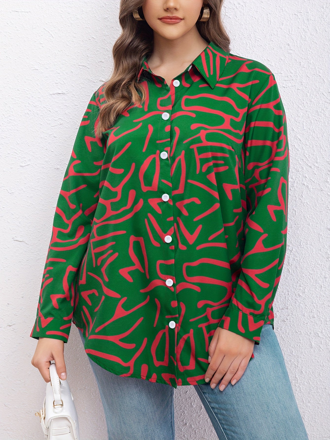  Casual Blouse Women's Plus Allover Print Long Sleeve Button Up Shirt
