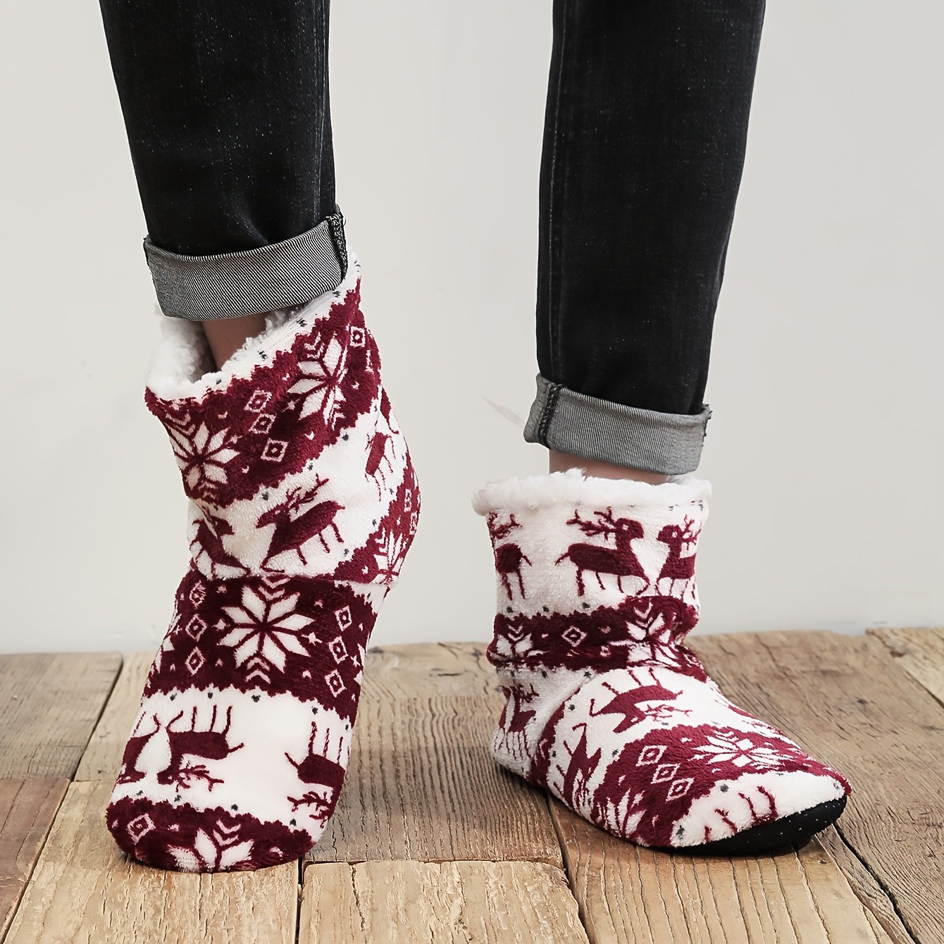 Men's Christmas Slipper Socks Elk Snowflake Pattern Fleece Thermal House Shoes