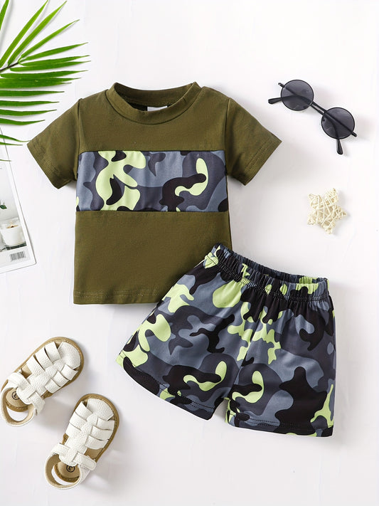 Toddler Boys Block Short Sleeve Top & Shorts Set Camo Print Summer Outfits