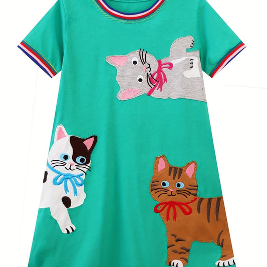 Toddler Girls Cartoon Cat Embroidery Cotton Casual Dress