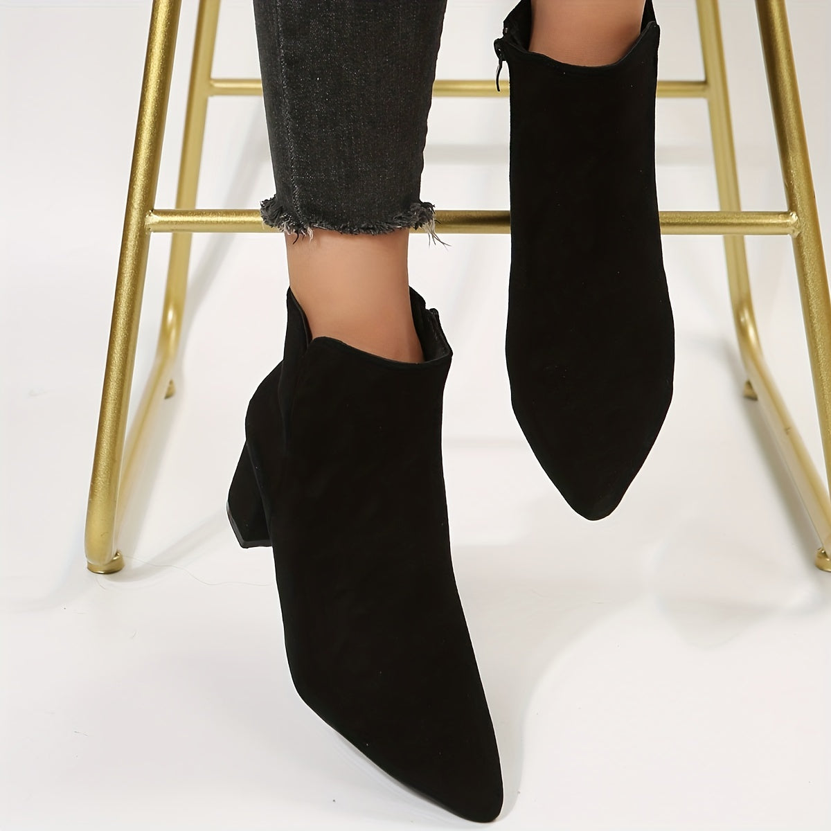 Solid Chunky Heel Short Boots Point Toe Side Zipper Dress Ankle Boots
