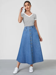 Button Denim Midi Skirt A Line Non Stretch Denim Skirt Women's Denim Clothing