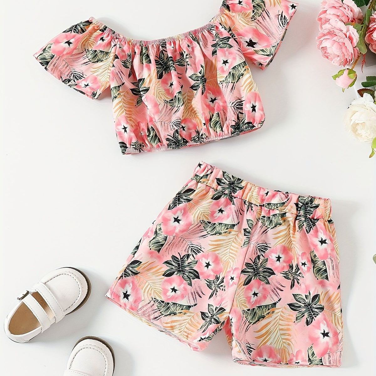 Girls Tropical Leaf Graphic Crop Top & Shorts Set for Summer Party