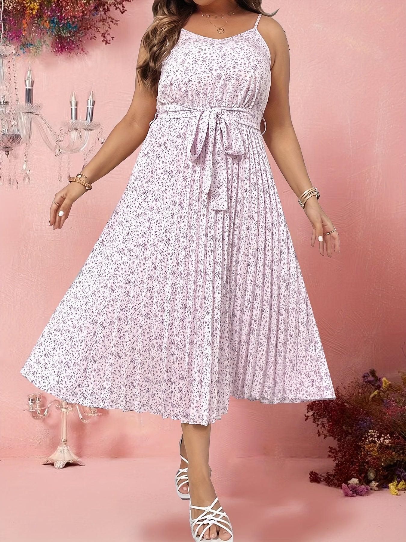 Women's Plus Ditsy Print V Neck Maxi Dress With Belt