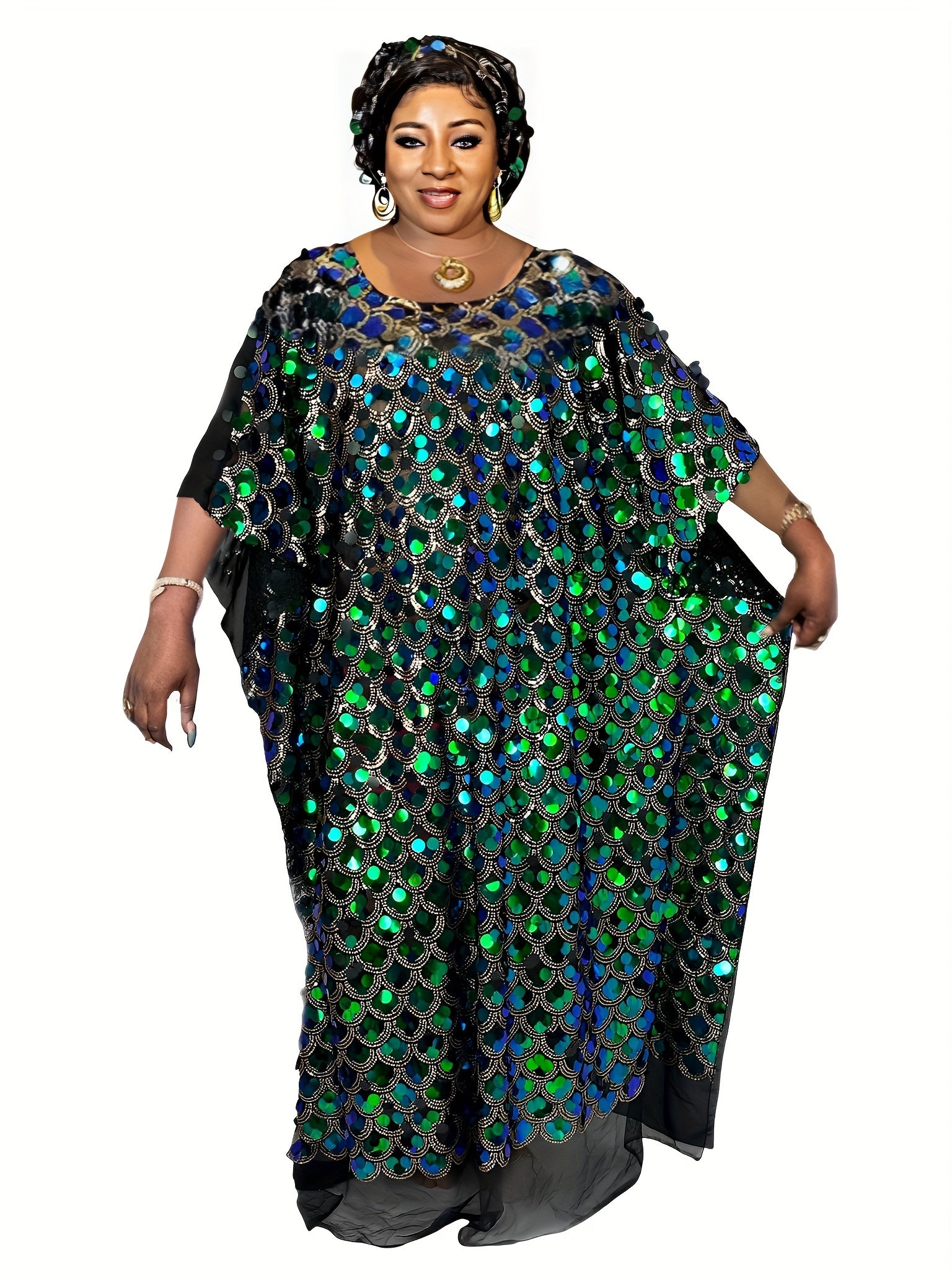 Women's Plus Glitter Sequin Batwing Sleeve Maxi Dress