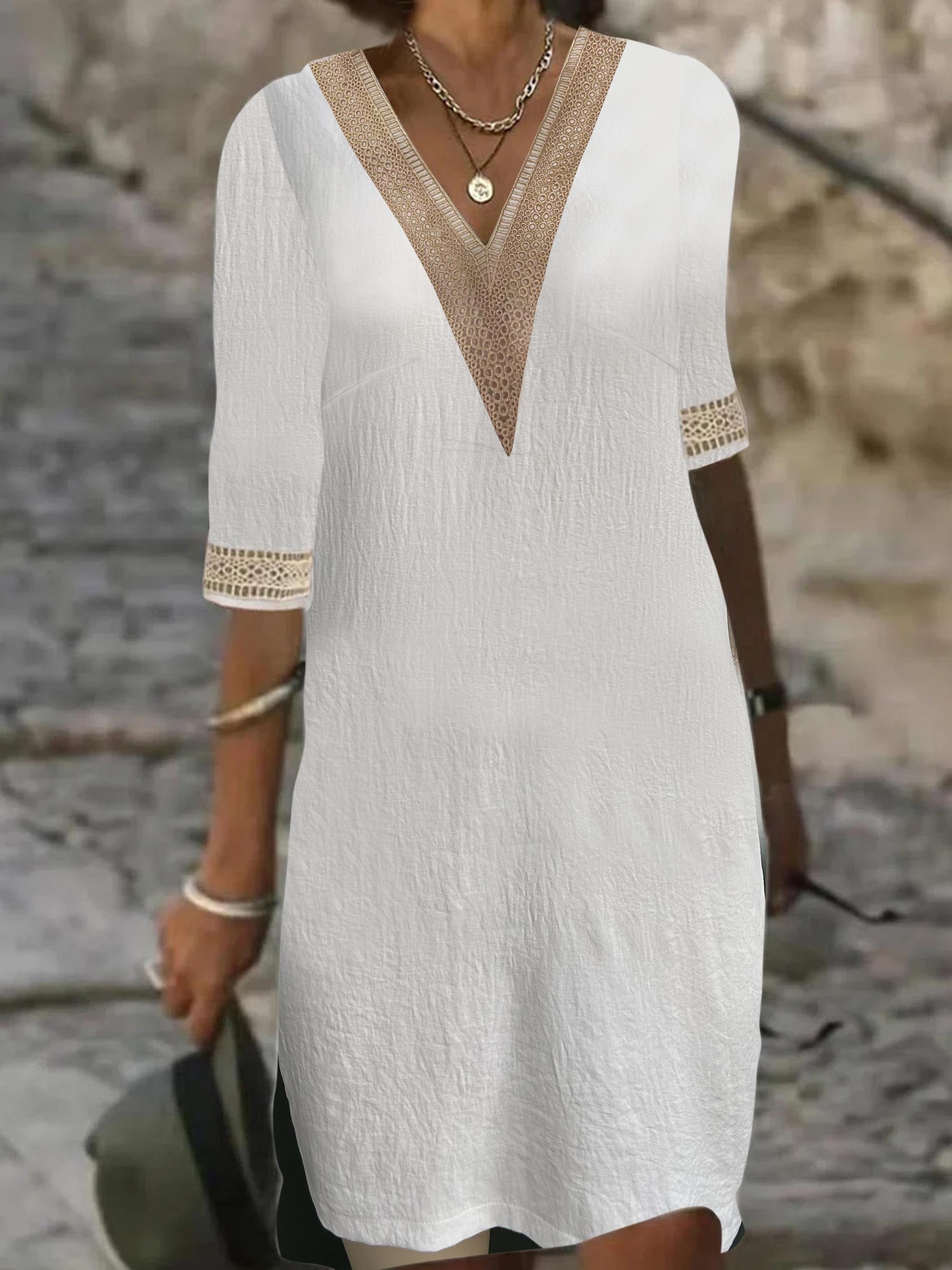  Lace Sleeve V Neck Summer Dress