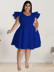  Solid Ruffle Sleeve A-Line Cocktail Party Dress With Pocket