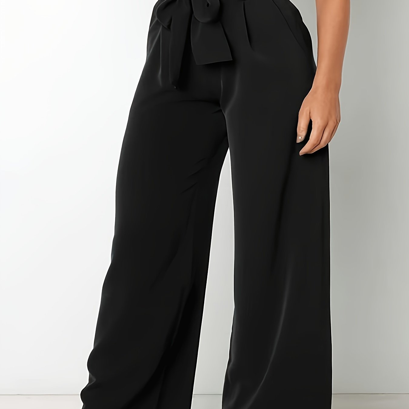  Solid High Rise Wide Leg Trousers With Belt