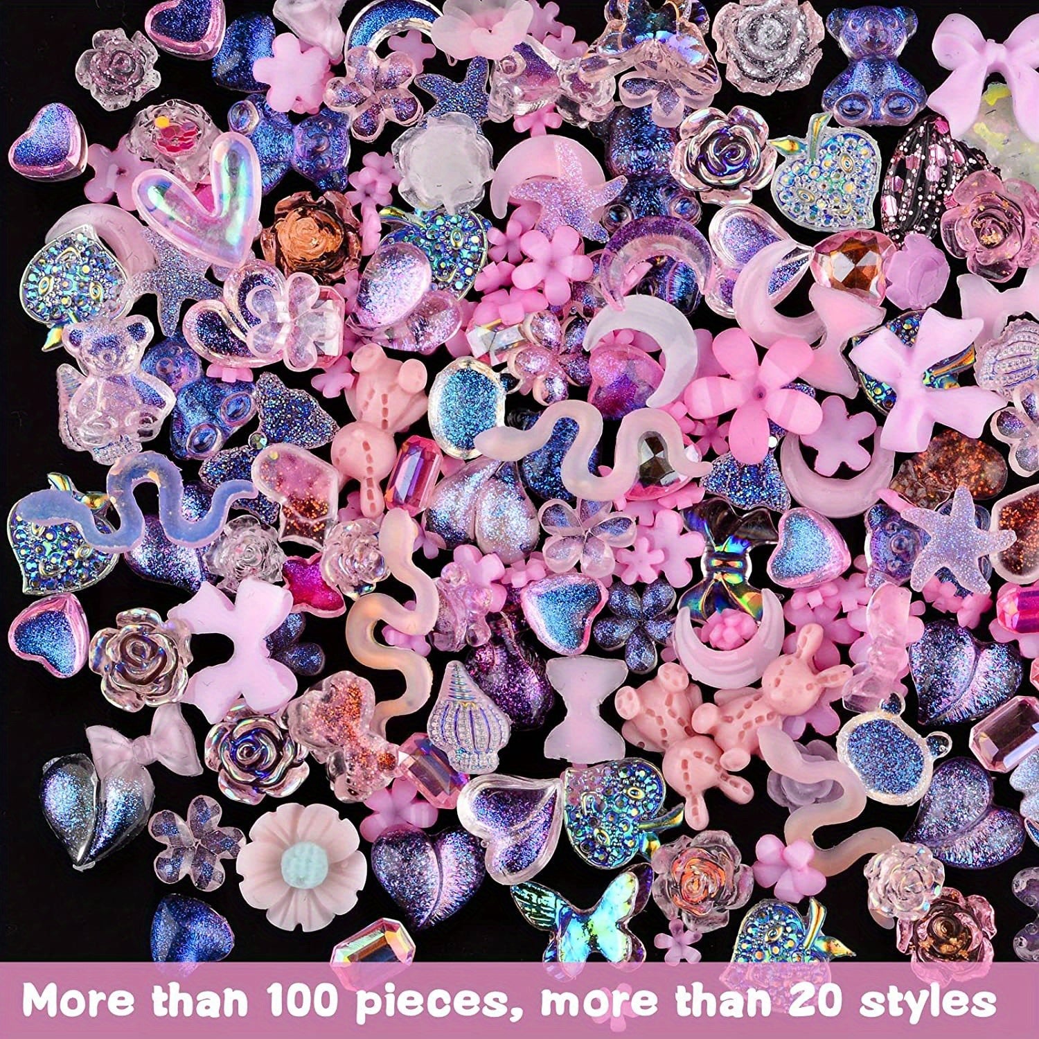 100 pcs Acrylic Nail Charms Butterfly Bear Flower Heart Crown Star Rhinestones