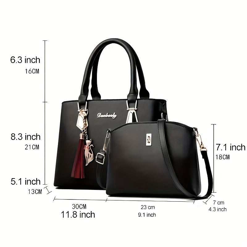 2Pcs Women's Handbags Set Tassel Decor Tote Bag With Crossbody Bag