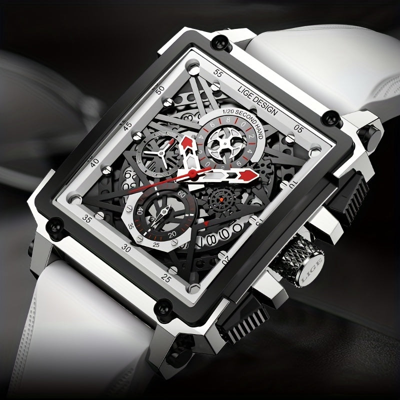 LIGE Boy's Top Hollow Square Sport Watch Leather Strap Waterproof Quartz WristWa