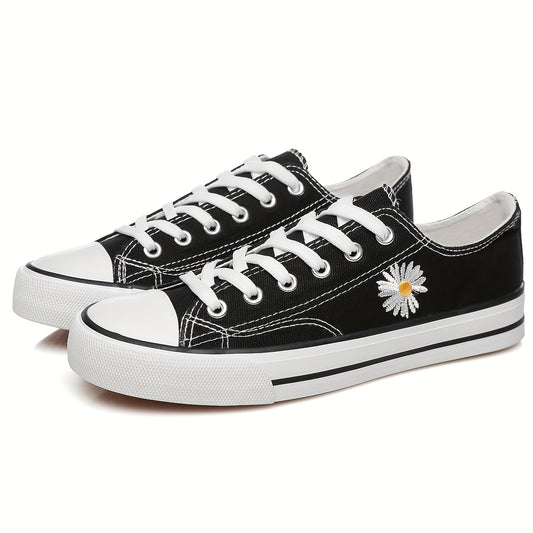 Women's Daisy Embroidered Canvas Sneakers Lace Up Flat Shoes