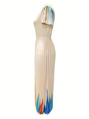 Colorful Pleated 2pc Set Crew Neck Short Sleeve Tops & Maxi Skirts Outfit