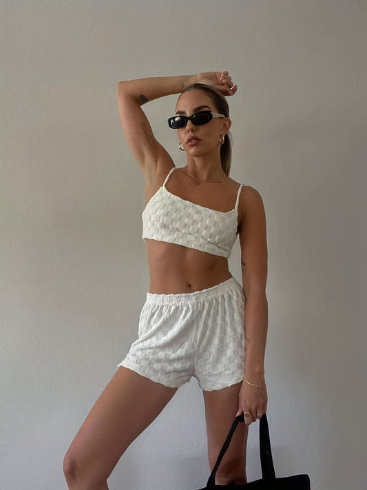 Solid Textured 2pc Sleeveless Crop Cami Top & Shorts Set