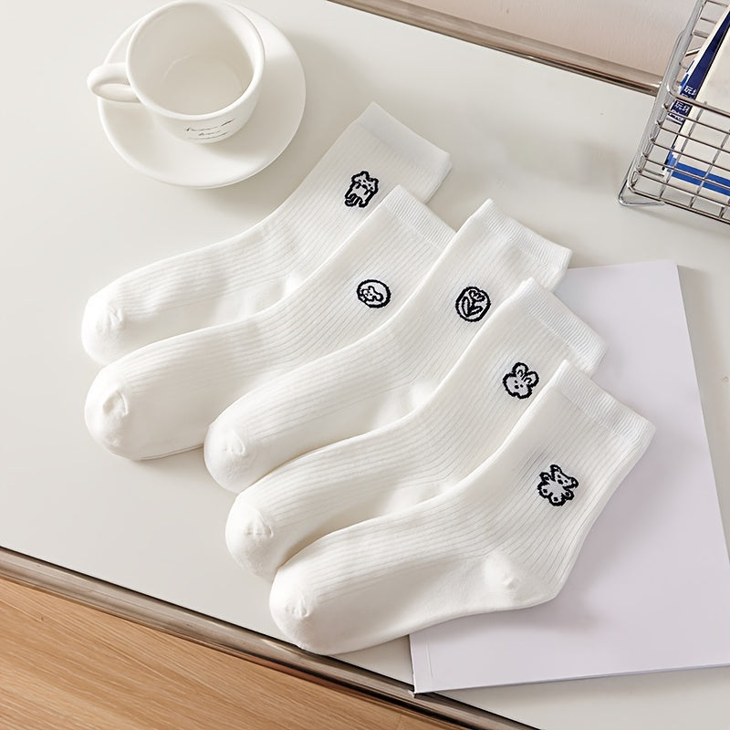 5 Pairs Cartoon Ribbed Socks Soft Mid Tube Women's Stockings