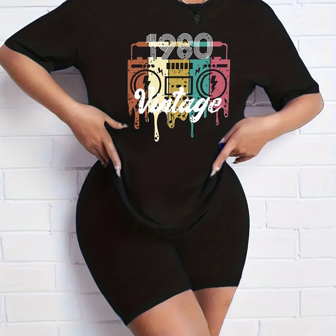 Vintage Letter Graphic T-shirt & Solid Shorts Set Women's Active