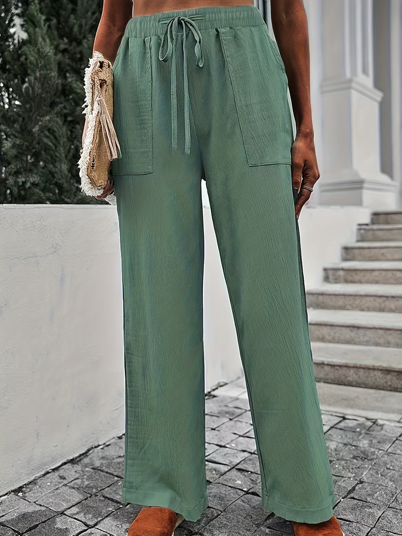  Wide Leg Drawstring Pants High Rise Pockets