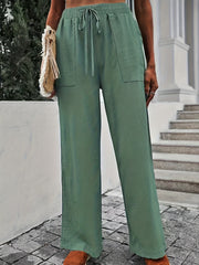  Wide Leg Drawstring Pants High Rise Pockets