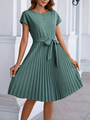 Pleated Tie Front Dress Short Sleeve Casual Solid Dress