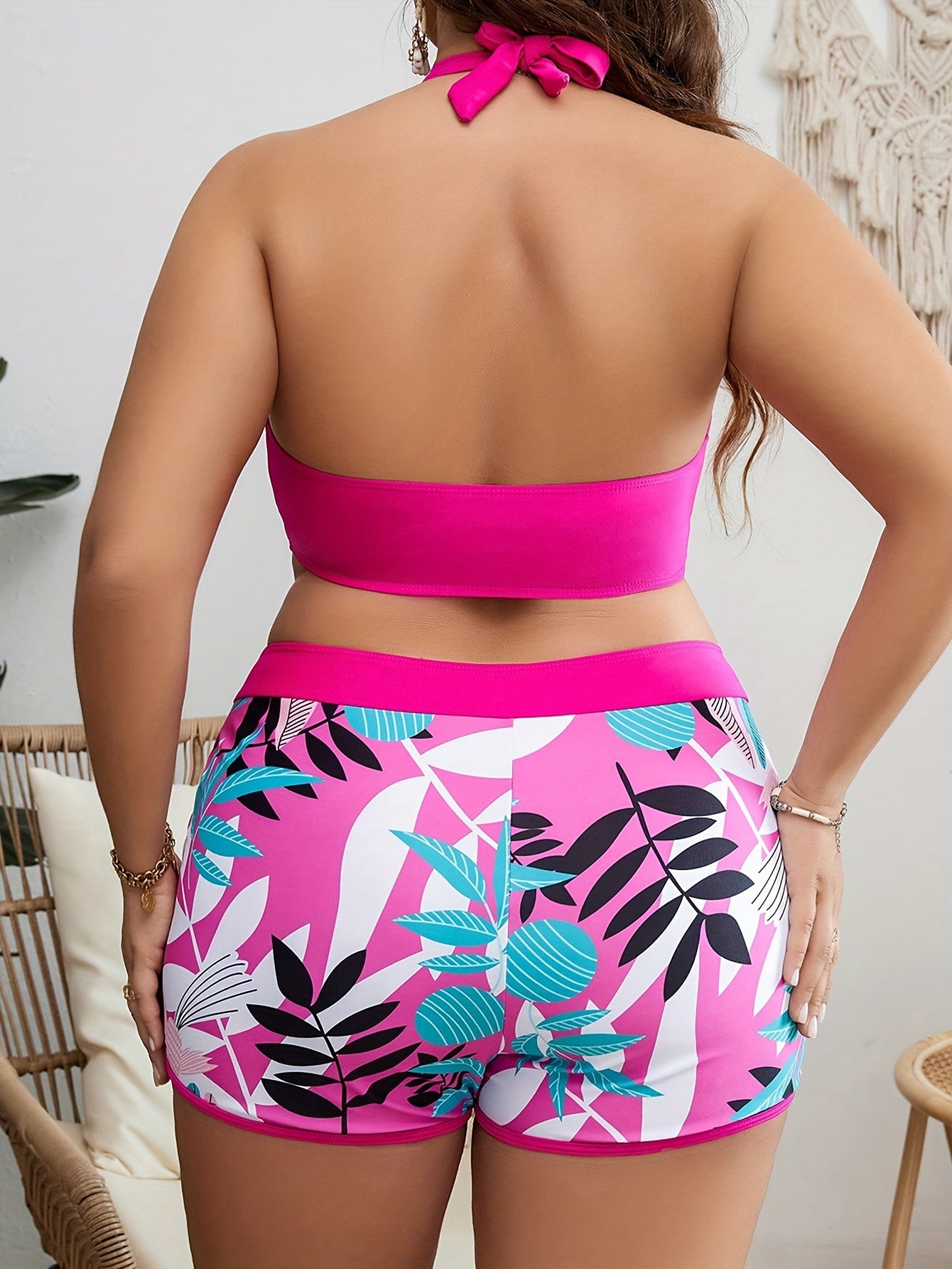  Halter Neck Bikini Set & Tropical Print Shorts Swim