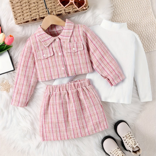 Girls 3pcs Turtleneck Top Coat Skirt Set Plaid Texture Casual Kids Clothes