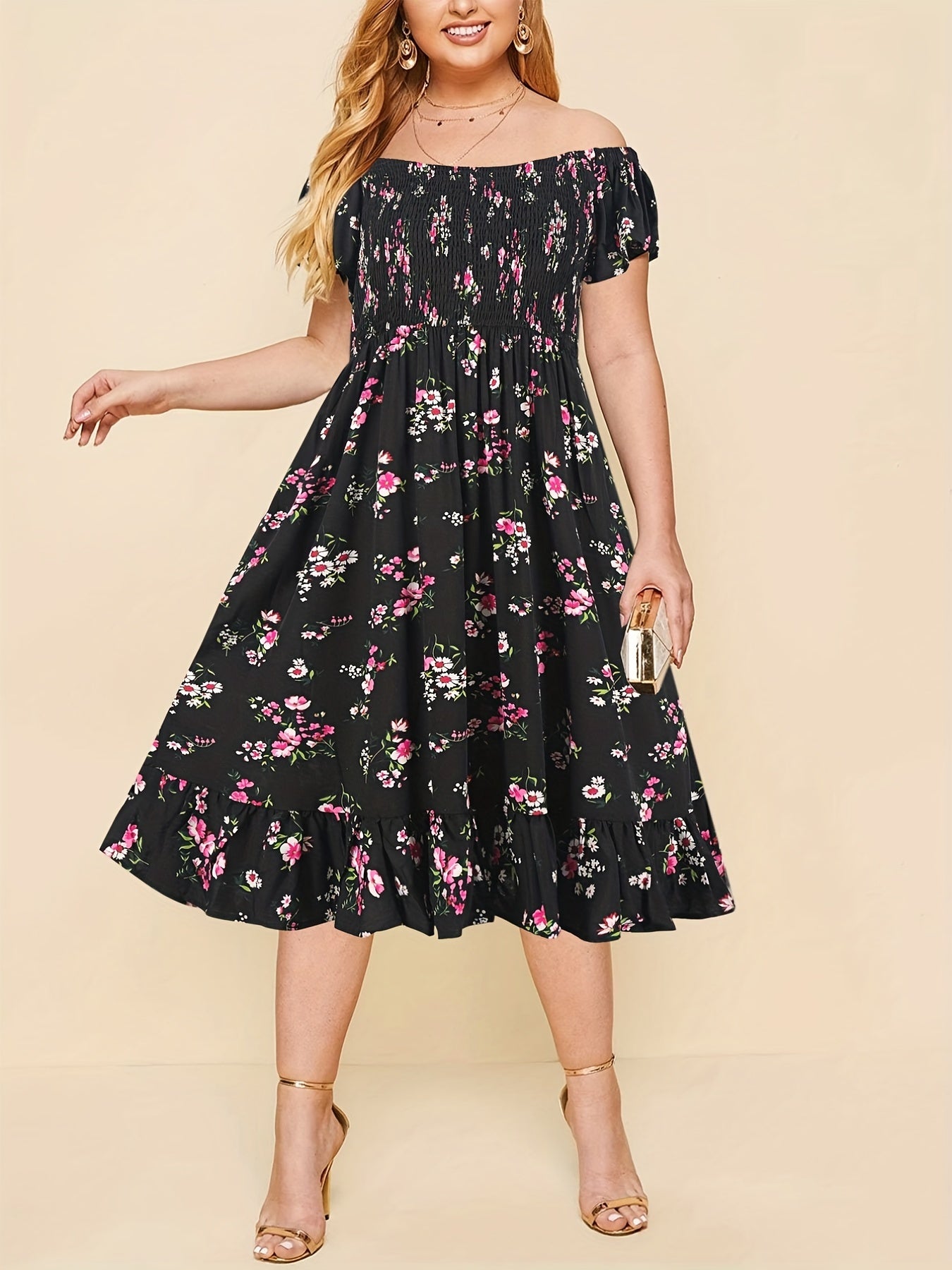 Floral Print Off Shoulder Ruffle Trim Midi Dress Plus Size
