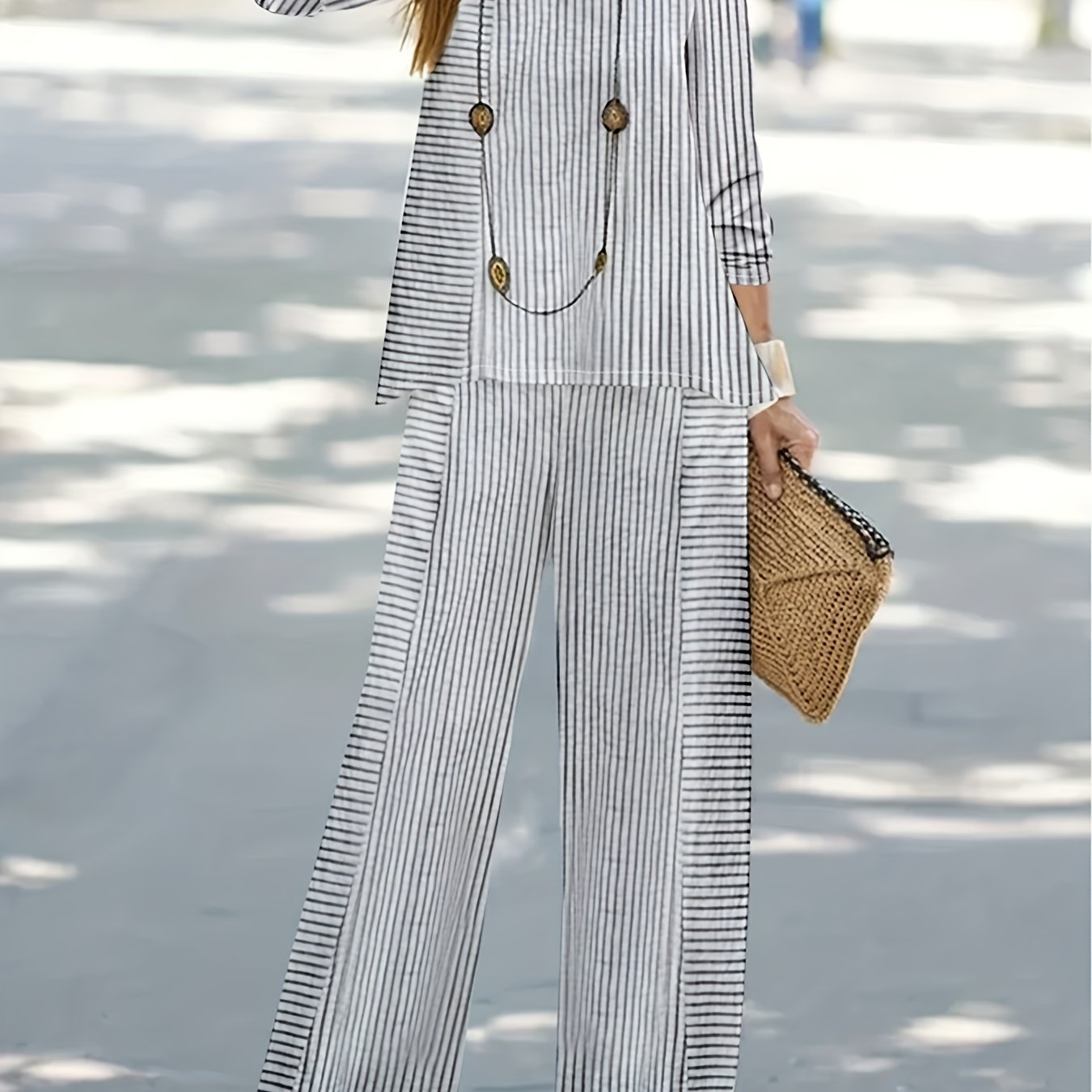 Striped Casual Two piece Set Crew Neck Long Sleeve Top & Wide Leg Pants