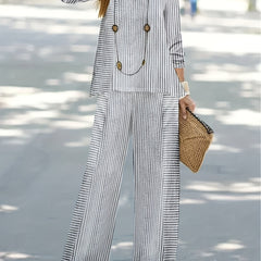 Striped Casual Two piece Set Crew Neck Long Sleeve Top & Wide Leg Pants