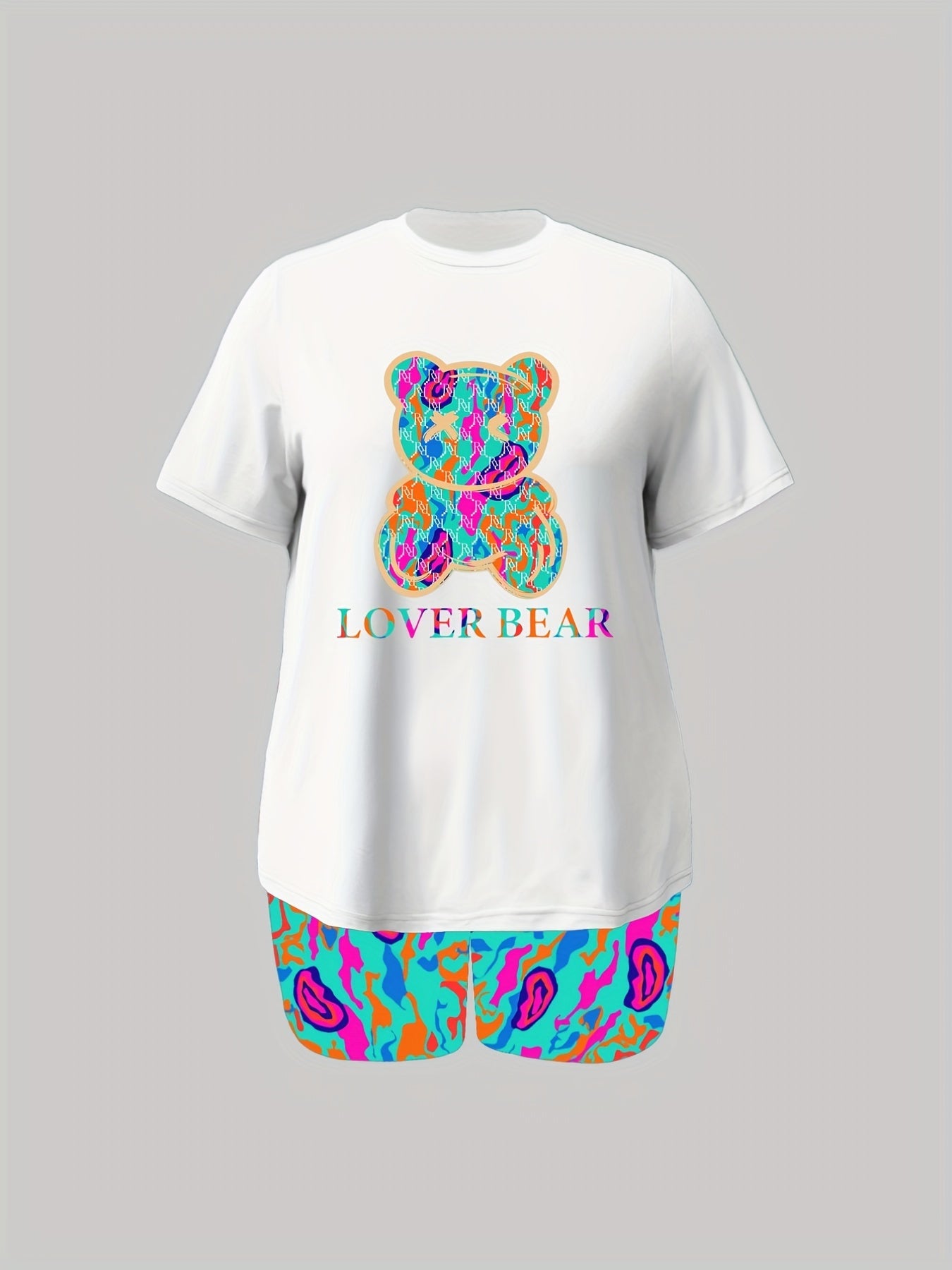  Cartoon Bear & Letter Print Short Sleeve Top & Shorts Set