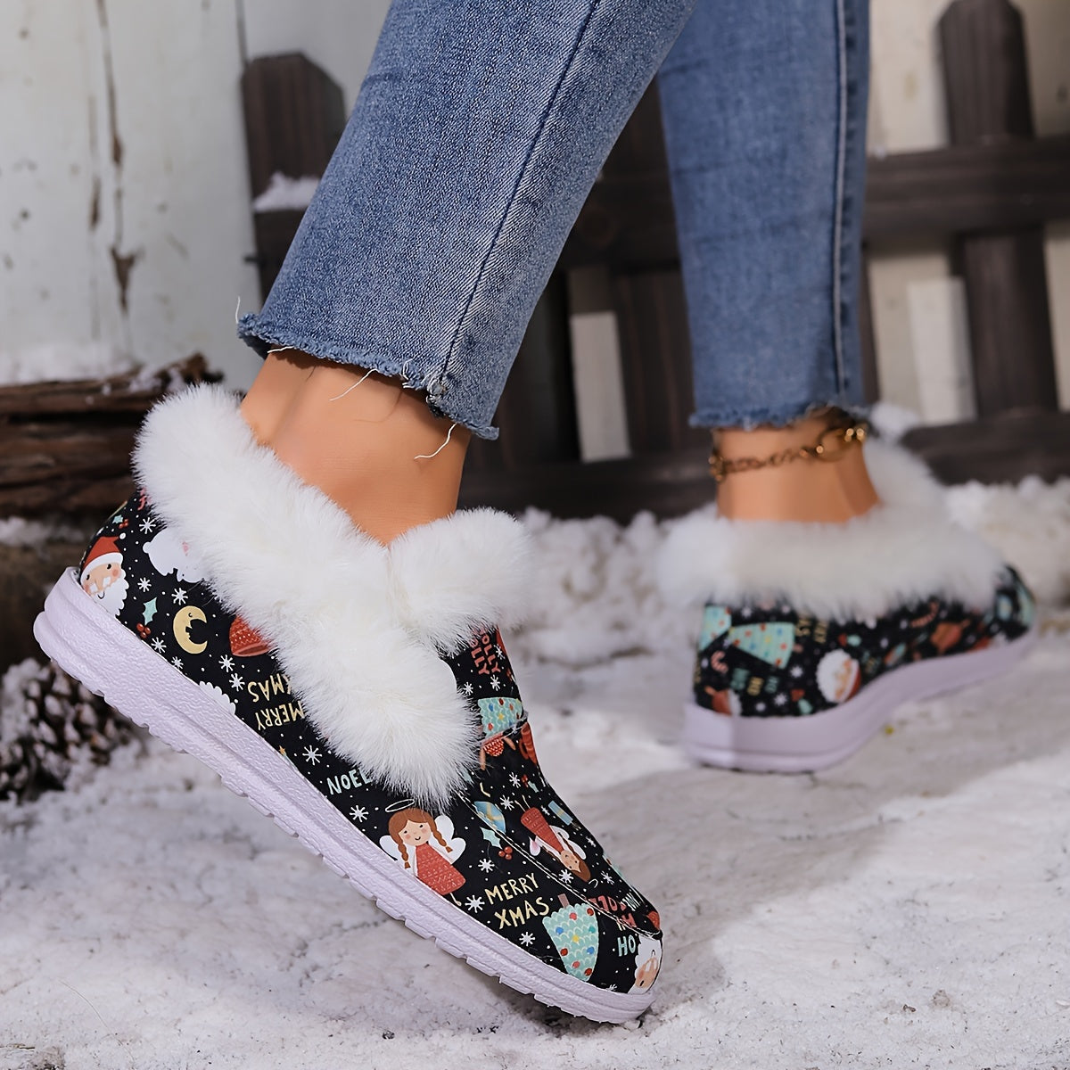 Women's Faux Fur Lined Winter Boat Shoes Christmas Pattern